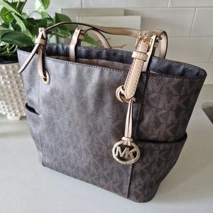 Michael Kors Brown Logo Jet Leather Purse Tote Bag